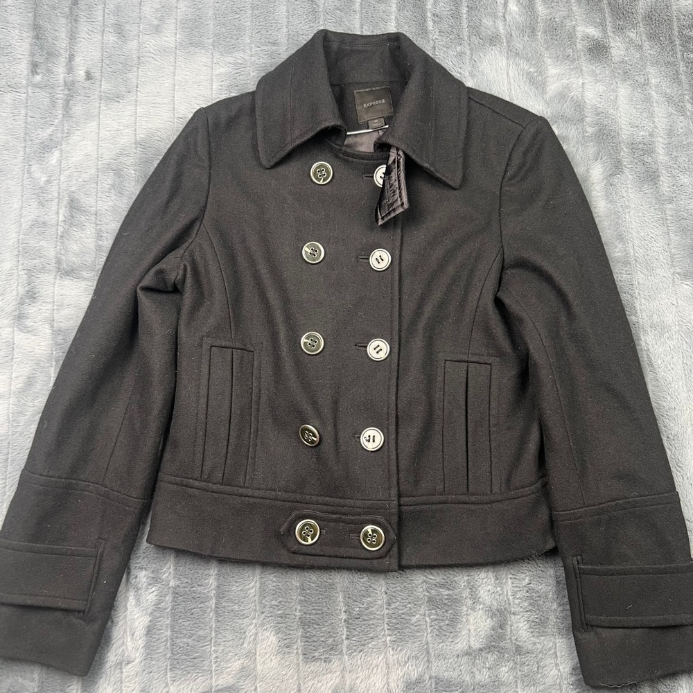 Express Womens Black Wool Blend Double Breasted Cropped Pea Coat Jacket Size M